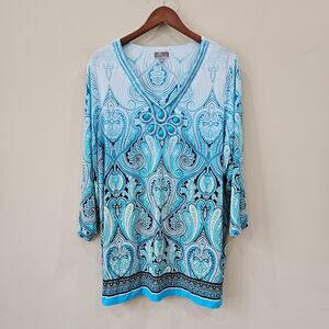 JM Collection Womens Paisley Embellished Tunic Top Plus Size 2X Blue Boho Flowy